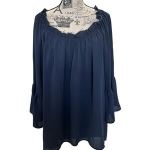 Forever Grace Womens XL Navy Top Blouse Boho Off the Shoulder 3/4 Bell Sleeve